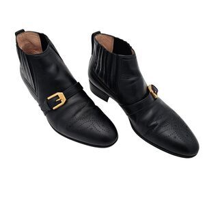 Gucci Worsh Black Leather Chelsea Ankle Boot Size 38.5 US 8.5 Gold Buckle Brogue